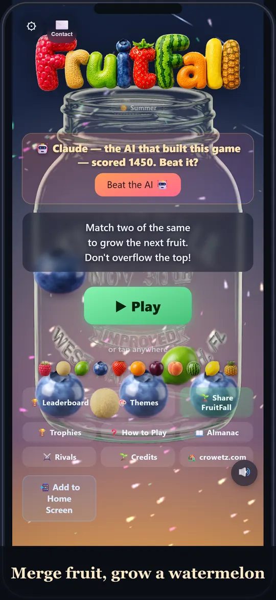The FruitFall title screen: a glass jar under a dusk orchard sky.
